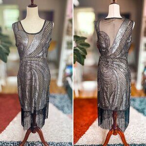 Unique Vintage Black and Silver Backless Dress